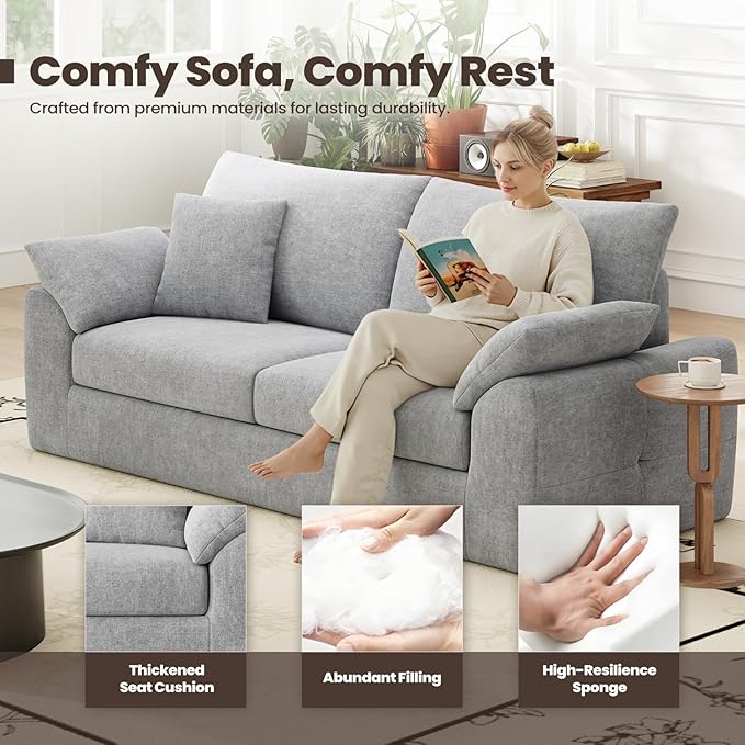 90" Boneless Loveseat Sofa, Cloud Foam Couch, 3 Seater Upholstered Midcentury Mondern Love Seat, Wide Armrest and 4 Pillows for Home Living Room/Small Spaces, No Assembly Required, Grey