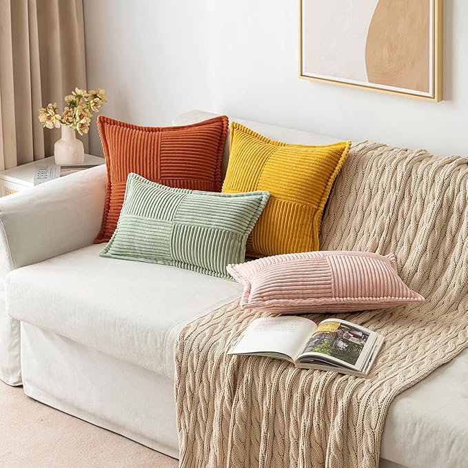 MIULEE Rust Fall Decorative Throw Pillow Covers for Couch Bed Livingroom 20x20 Inch Set of 2 Boho Accent Throw Pllows Broadside Striped Patchwork Soft Corduroy Pillowcases