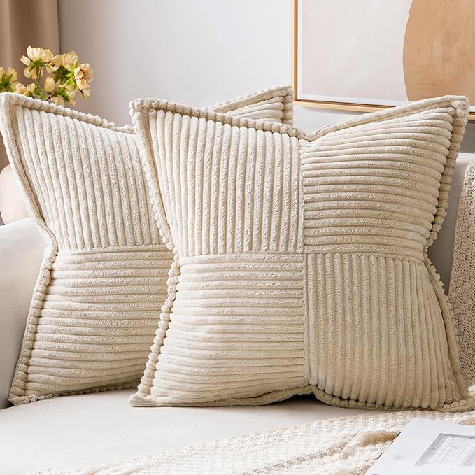 MIULEE Decorative Throw Pillow Covers for Couch Bed Livingroom 16x16 Inch Set of 2 Beige Boho Accent Throw Pllows Broadside Striped Patchwork Soft Corduroy Pillowcases