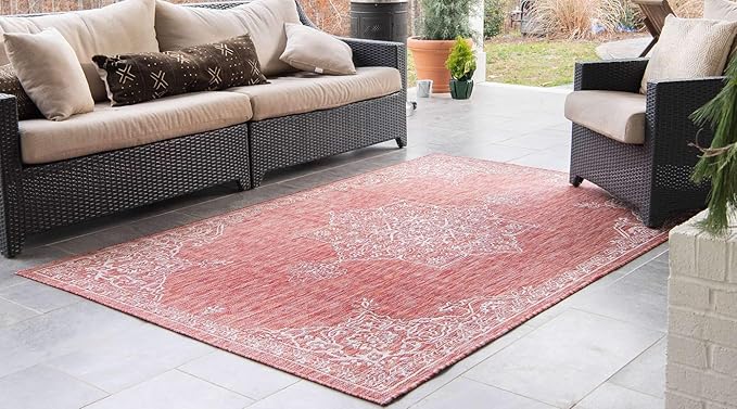 Unique Loom Outdoor Traditional Collection Area Rug - Antique (8' x 11' 4" Rectangle, Rust Red/ Gray)