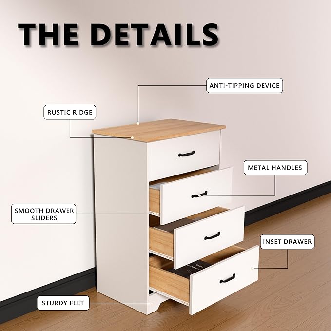 Farmhouse 4 Drawer Dresser, Small Wooden Chest of Drawers Classic White Dresser for Bedroom Living Room Entryway (White, 4 Drawer)