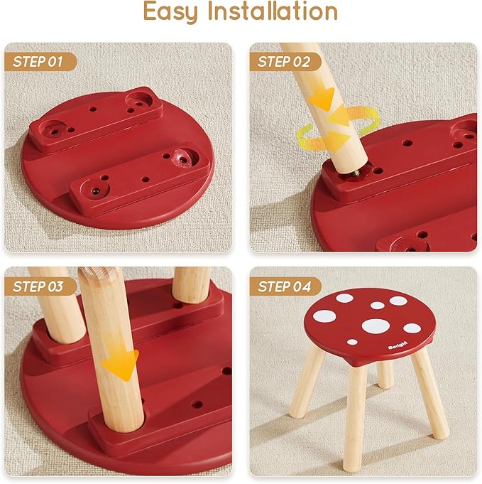 Beright Wooden Step Stool for Kids, Children's Stool Perfect Matched Sensory Table, 9 Inch Sturdy Sitting Stool with Assembled Four-Legged, Mushroom, 1 Pack