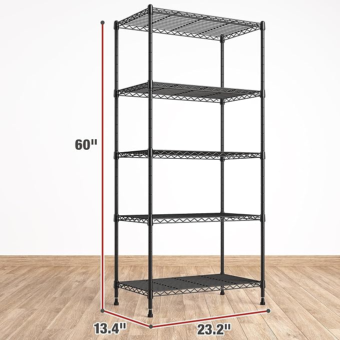 REIBII 1000LBS Wire Shelving Unit, 5 Tier Adjustable Metal Storage Shelves for Kitchen Pantry Office Steel Organizer Wire Rack for Narrow Space College Dorm School, 13.4" D x 23.2" W x 60" H, Black