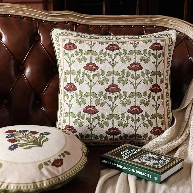Design Linen Square Throw Pillow Covers 18"x18" Pack of 2, Yellow Green French Cushion Covers with Red Rose Floral Pattern Decoration Pillowcases for Bed, Living Room, Outdoor, Car