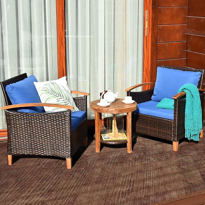 Tangkula 3 Pieces Patio Furniture Set, Outdoor Rattan Sofa and Side Table w/Solid Acacia Wood Frame, High Load Bearing Conversation Bistro Set w/Washable and Removable Cushions (Navy Blue)