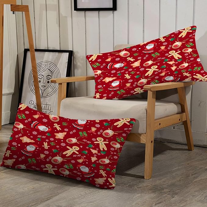 Red Christmas Comforter Set Twin for Girls, Cartoon Santa Claus Christmas Tree Gingerbread Man Printed Bedding Set, Cute Xmas Bed Set with 1 Comforter and 1 Pillowcase
