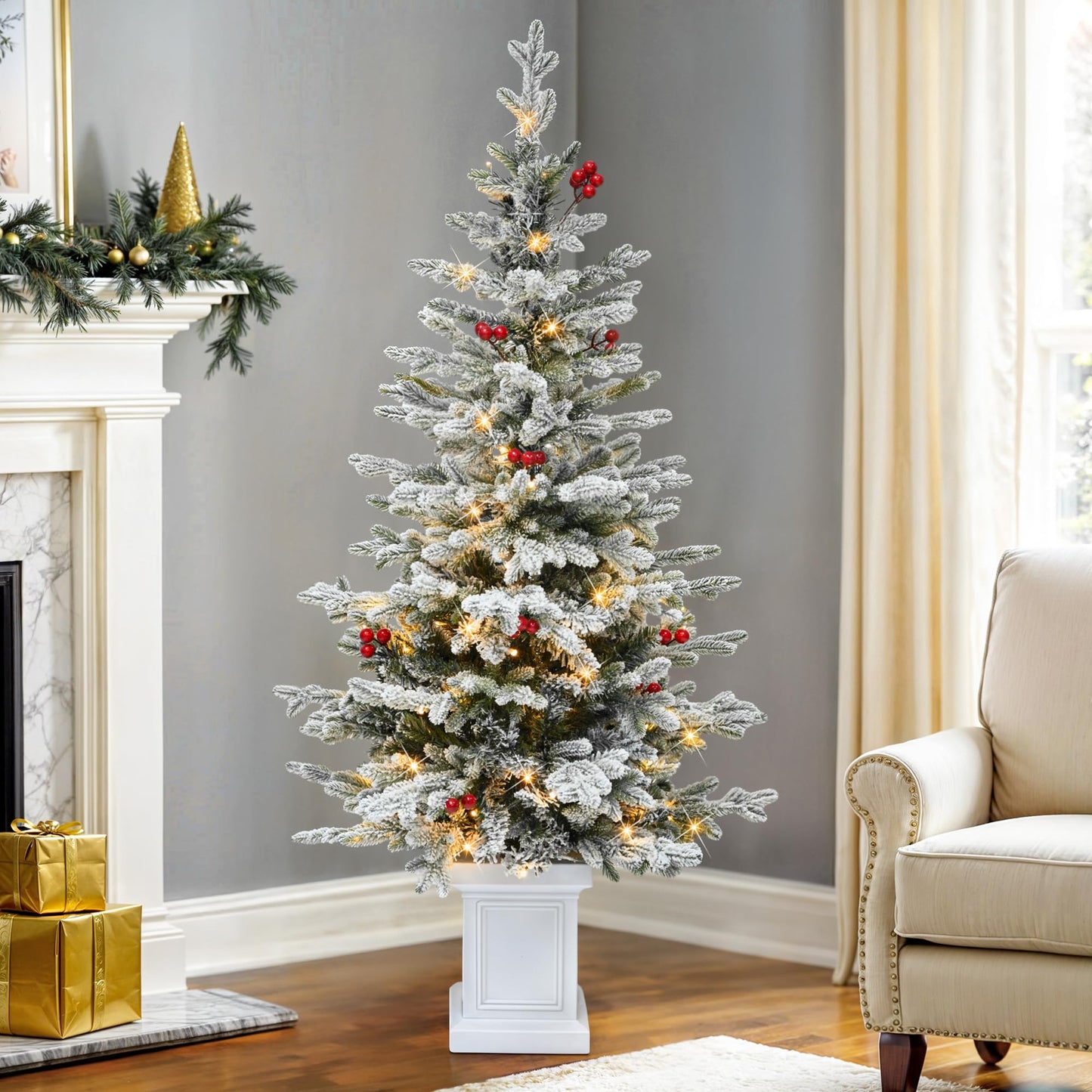 DWVO 4.5 FT Potted Slim Pre-lit Flocked Arctic Fir Pencil Tree, Potted Christmas Tree with 11 Red Hollies, 358 PE & PVC Branch Tips, and 100 Lights for Home and Office Decor