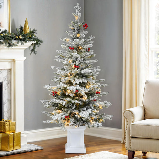 DWVO 4.5 FT Potted Slim Pre-lit Flocked Arctic Fir Pencil Tree, Potted Christmas Tree with 11 Red Hollies, 358 PE & PVC Branch Tips, and 100 Lights for Home and Office Decor