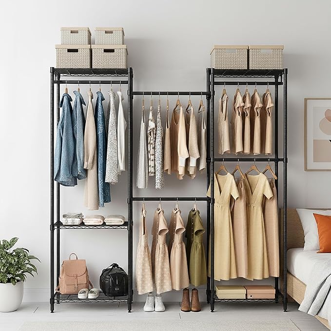 Freestanding Closet System, Large Free Standing Closet Rack Organizer for Hanging Clothes Adjustable Metal Wire Clothing Rack with 5 Shelves & 5 Rods, Black