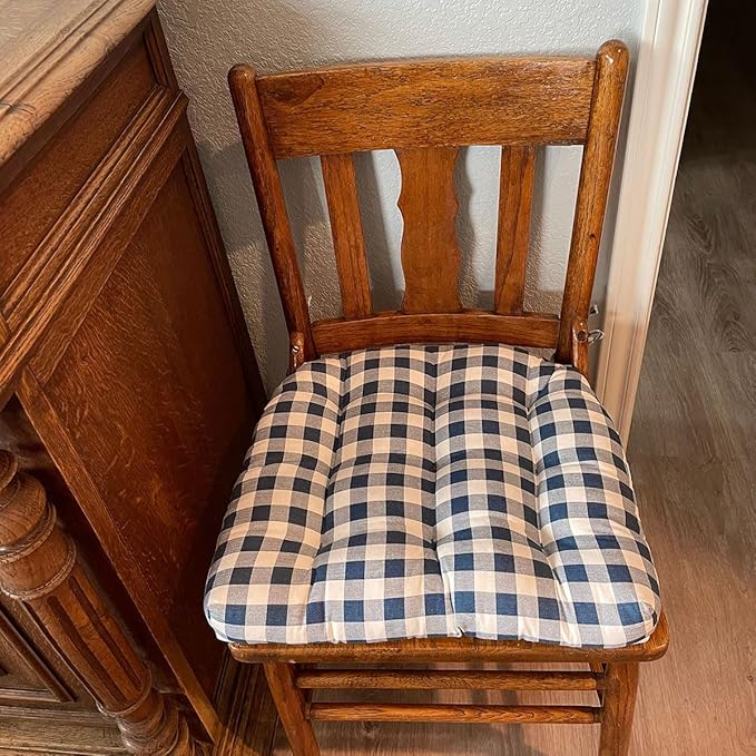 Barnett Home Decor Dining Chair Cushions with Ties – Small 15 x 17 - Latex Foam Fill, 100% Cotton, Machine Washable Chair Pads for Kitchen Chairs, Made in USA (Classic Check Navy Blue/Pack of 2)