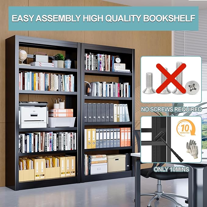 Bookshelf,6-Tier Adjustable Steel Bookshelf,69" H Heavy Duty Metal Bookcase for Home/Office/Garage,Black Shelf (Black, 69" Tall)