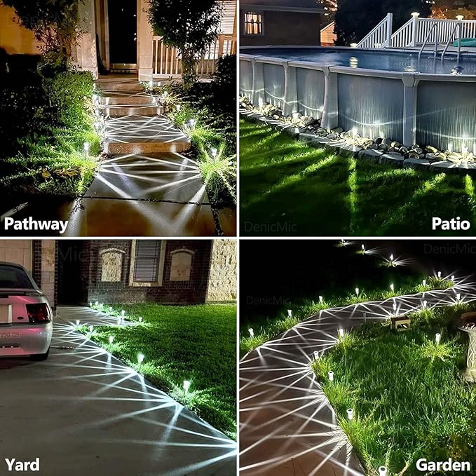 DenicMic Solar Lights Outdoor 10 Pack Waterproof 6000K Cold White LED Stainless Steel Stake for Pathway Yard Garden Driveway Solar Powered Outside Decor