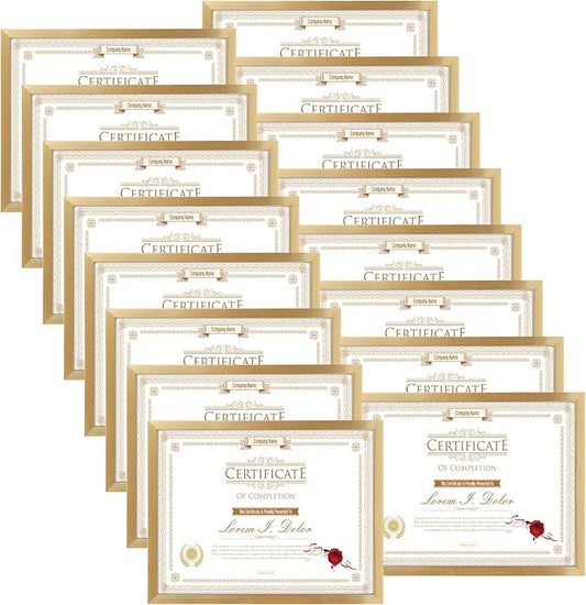 WIFTREY 16 Pack 8.5x11 Certificate Picture Frames, Multi 8.5 by 11 Photo Frame Bulk for Document Award, Wall Hanging or Tabletop Display, Gold