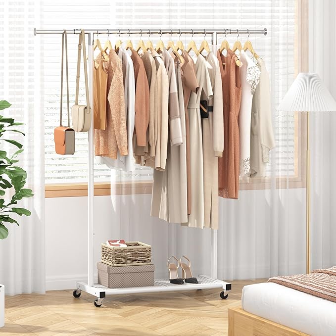 JIUYOTREE Rolling Clothes Rack with Dense Mesh Storage Shelf Clothing Garment Rack with Wheels Width Adjustable Clothing Organizer for Hanging Clothes Shirts Pants Skirts and Bags White