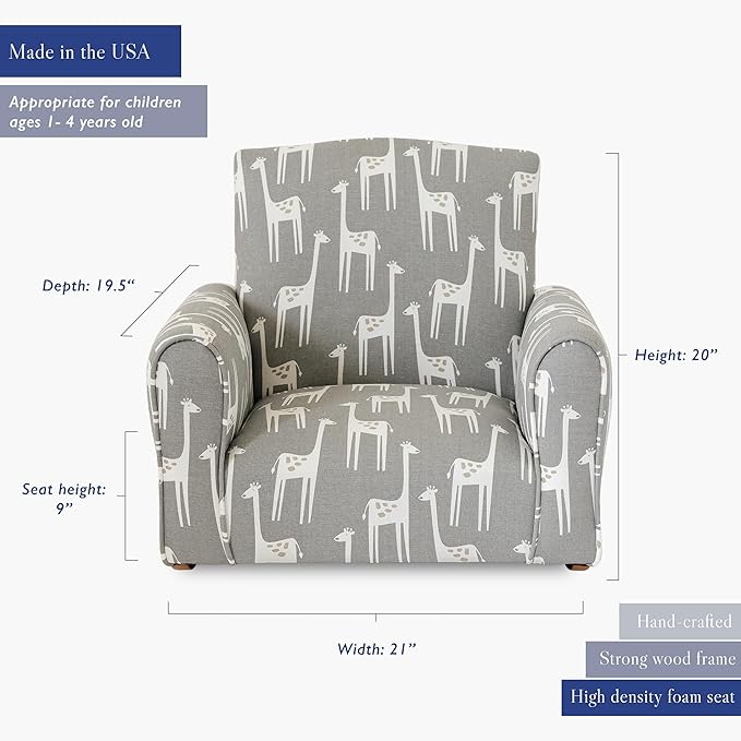 Toddler Personalized Armchair, Kids Upholstered Rocking Chair with Personalization, Toddler Chair with Personalized Name, Comfy Child Armchair, (Grey Giraffes Print, Rockers)