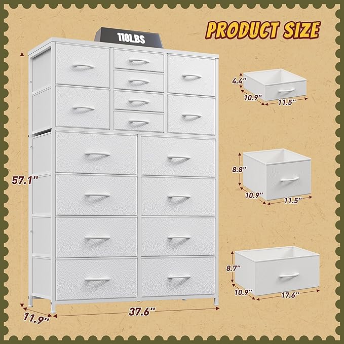 57“H Tall Dresser for Bedroom with 16 Drawers,Dressers & Chests of Drawers for Bedroom,Large White Dresser for Closet,Sturdy Metal Frame & Wood Top,Entryway, Hallway