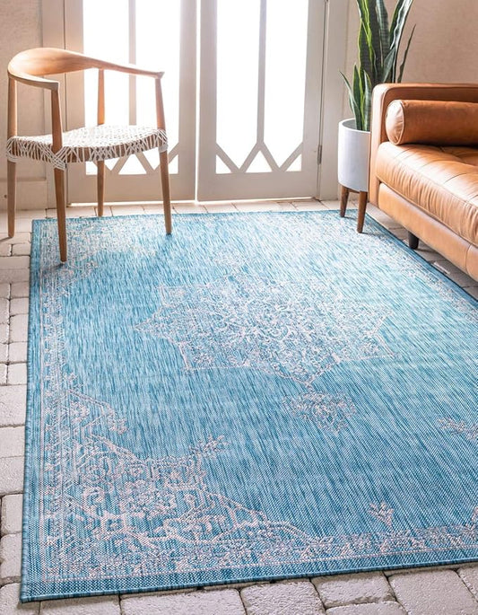 Unique Loom Outdoor Traditional Collection Area Rug - Antique (6' 1" x 9' Rectangle, Light Aqua/ Gray)