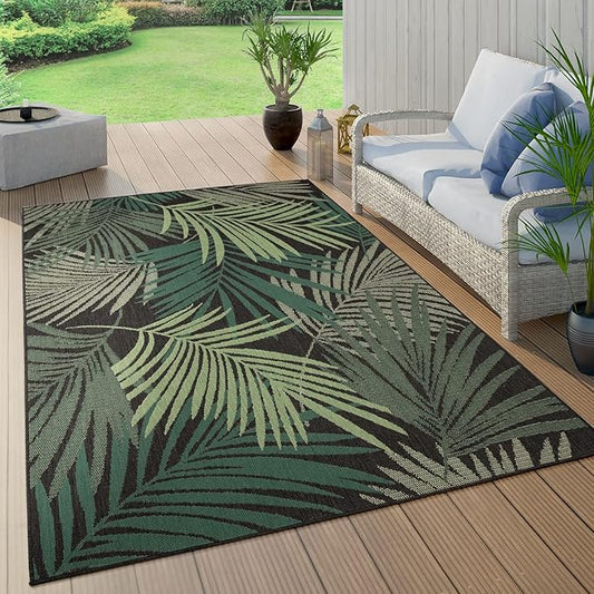 Indoor & Outdoor Rug Flat-Weave Jungle Floral Palm Trees Design Black Green, Size: 5'3" x 7'7"