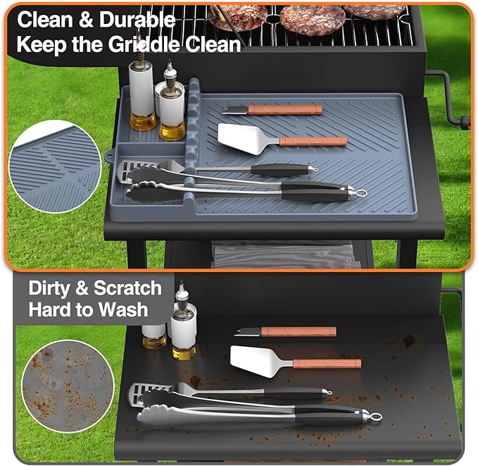 Silicone Griddle Tools Mat for Blackstone, Griddle Accessories Side Shelf Mat Grill Pad for Outdoor Grill Kitchen Counter Spatula Silicone Mat with Drip Pad (Grey)