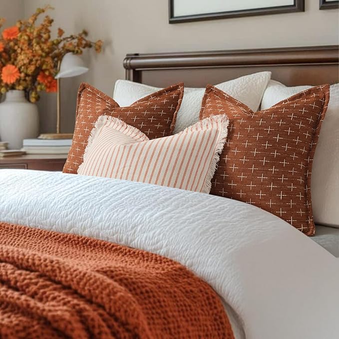 ZWJD Fall Pillow Covers 22x22 Set of 2 Soft Polyester Textured Rust Pillow Covers with Stylish Flange Edge Cozy Farmhouse Throw Pillows for Couch Bed Sofa Living Room Fall Decor