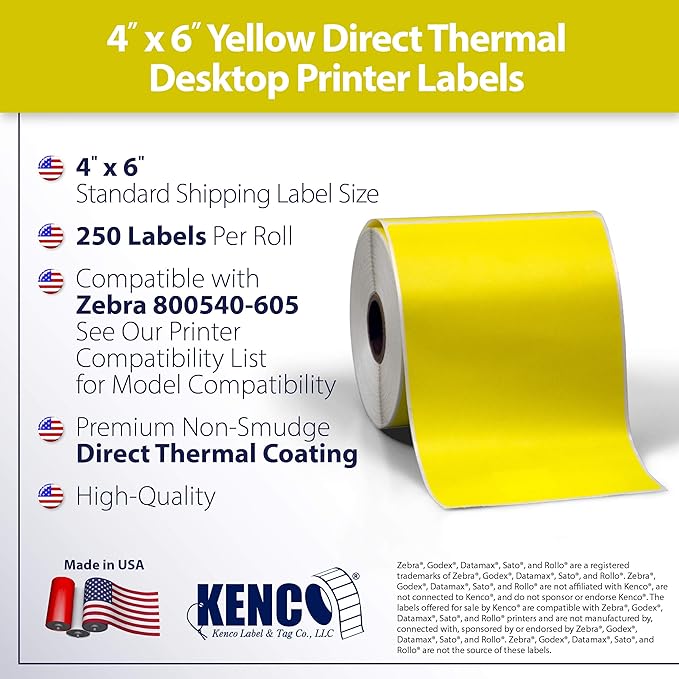 4" X 6" Direct Thermal Perforated Stickers Labels for Shipping Labels, Inventory, and Color Coding - Compatible with Zebra, Rollo, Godex and More (Yellow, 6 Rolls)