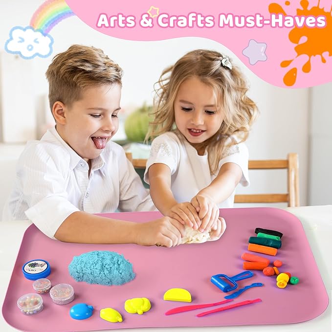 Silicone Craft Mats for Kids 24"x16"– with Raised Lip & Non-Slip | Reusable Silicone Art Mat for Play Sand, Painting, DIY Crafts | Durable Design (Pink)
