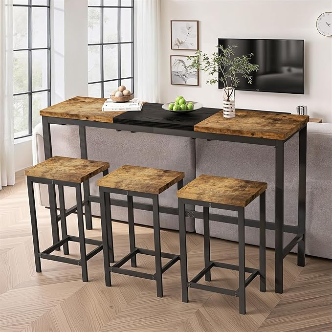 Harper & Bright Designs 4-Piece Dining Table Set, 60.2" L Wood Dining Table with 3 Stools and Metal Frame for Kitchen Dining Room, Convenient Hanging Stool Design, Natural+Black