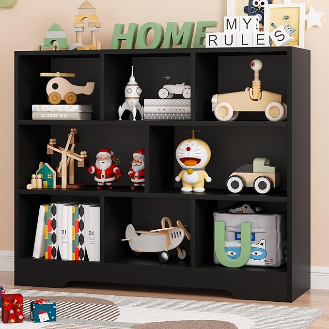 Kids Book Shelf Set of 2, 8 Cubes Storage Organizer Montessori Shelf, 3-Tier Wooden Kids Bookcase, Toy Storage Organizer for Children, Black Toddler Bookshelf Cube Shelf for Kid’s Room, Classroom