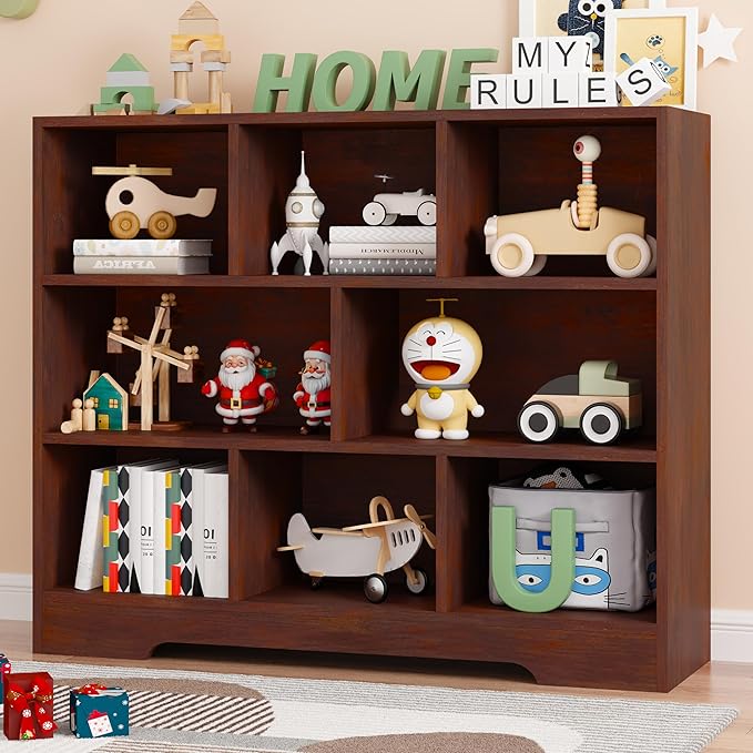 Book Shelf for Kids, 8 Cubes Storage Organizer Montessori Shelf, 3-Tier Wooden Kids Bookcase, Toy Storage Organizer for Children, Cherry Toddler Bookshelf Cube Shelf for Kid’s Room, Classroom