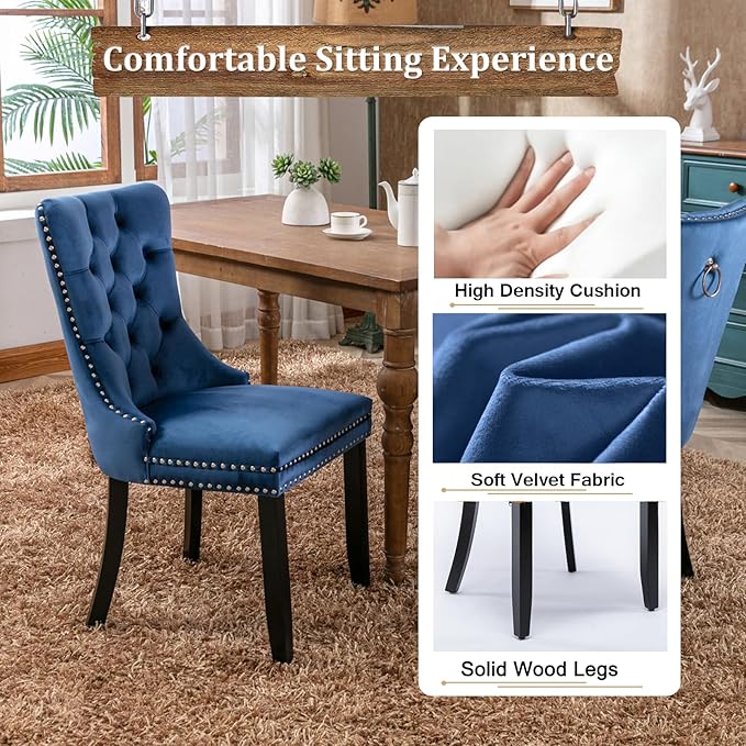 Goujxcy 78.7" Farmhouse Extendable Dining Room Table Set for 4, 5-Piece Rectangle Kitchen Dining Room Table Set with Wood Base and 4 Blue Velvet Dining Chairs, Extending Kitchen & Dining Table Set