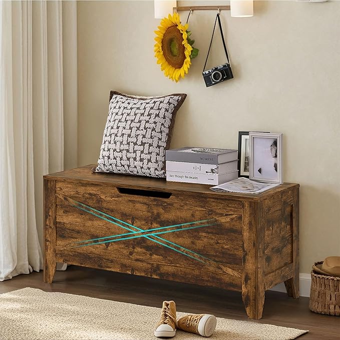 VECELO 43.3" Farmhouse Style Storage Bench, Entryway Shoe Ottoman, with Handwoven Cushion, with Metal Safety Hinges, for Bedroom, Living Room, Entryway, Brown
