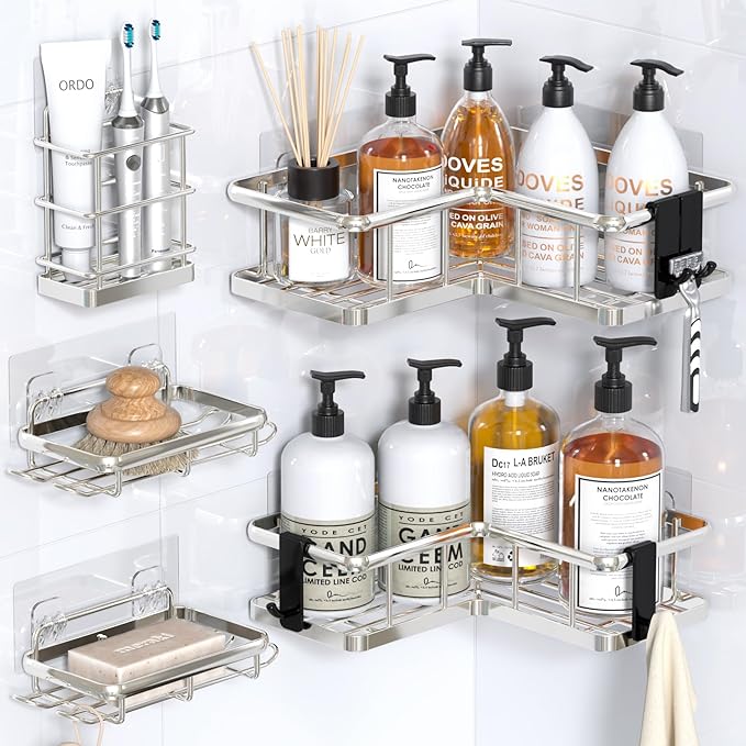 YASONIC Corner Shower Caddy Organizer, 5-Pack Self-Adhesive Rustproof Bath Shelves with Soap Holder & 4 Hooks, Large Capacity Shower Storage Rack for Bathroom Organization, Silver