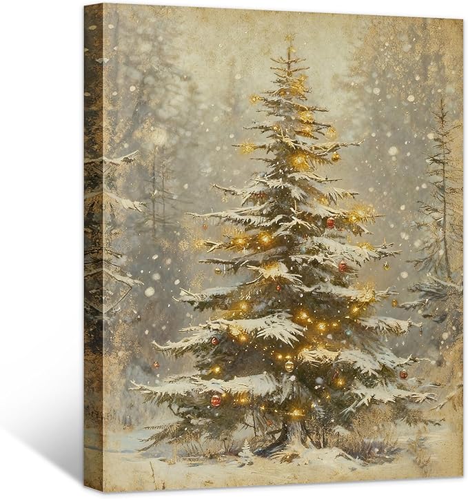 Framed Christmas Pictures Wall Decor,Vintage Pine Tree Prints,Winter Christmas Canvas Wall Art Decoration for Bedroom Bathroom Living Room Rustic Xmas Holiday Gifts (Christmas Tree 2, 16'' X 24'')