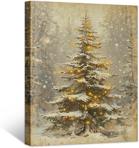 Framed Christmas Pictures Wall Decor,Vintage Pine Tree Prints,Winter Christmas Canvas Wall Art Decoration for Bedroom Bathroom Living Room Rustic Xmas Holiday Gifts (Christmas Tree 2, 16'' X 20'')