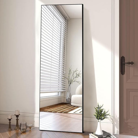 OLIXIS Full Length Mirror 64"x 21" for Bedroom, Full Body Mirror with Stand, Hanging or Leaning for Wall, Aluminum Alloy Thin Frame Floor Standing for Living Room, Long, Black