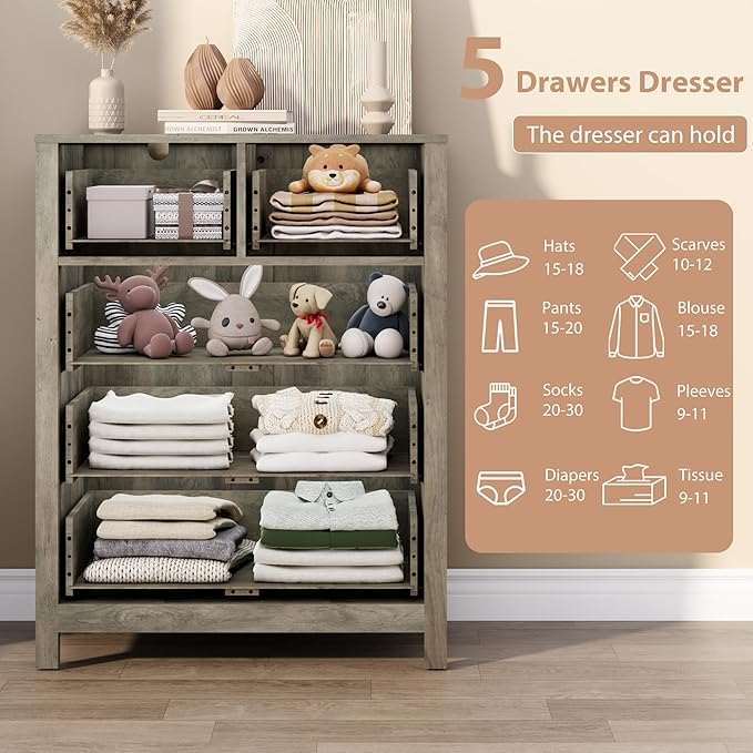 GarveeHome Grey 5 Drawer Dresser for Bedroom, Modern Tall Dresser Organizer with Storage Drawers, Wooden Chests of Drawers for Bedroom, Entryway, Hallway, Home Office