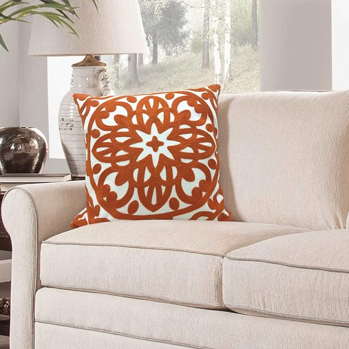 Alysheer Embroidered Decorative Throw Pillow Cover 20"x 20", Boho Mandala Modern Thick Embroidery Pattern, Durable Cotton Canvas Soft Cushion Case for Sofa Couch Bed Living Room (Burnt Orange)