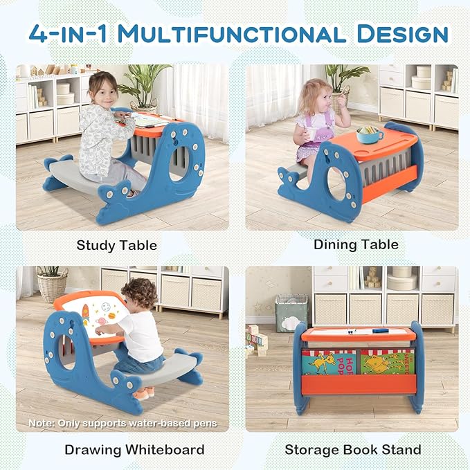Costzon Art Easel for Kids, Toddler Activity Table with Double-Sided Desktop & Angle Adjustable Whiteboard, Art Storage, Montessori Bookshelf, Kids Table and Chair Set for Drawing, Playing, Eating