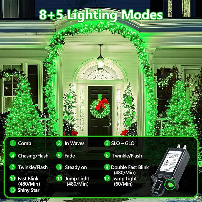 KAQ Connectable 240LED Green String Lights Outdoor/Indoor, Extendable Plug in Twinkle Fairy Lights Waterproof with 8 Modes&Timer Function for Garden Bedroom Patio Tree Christmas Decorations