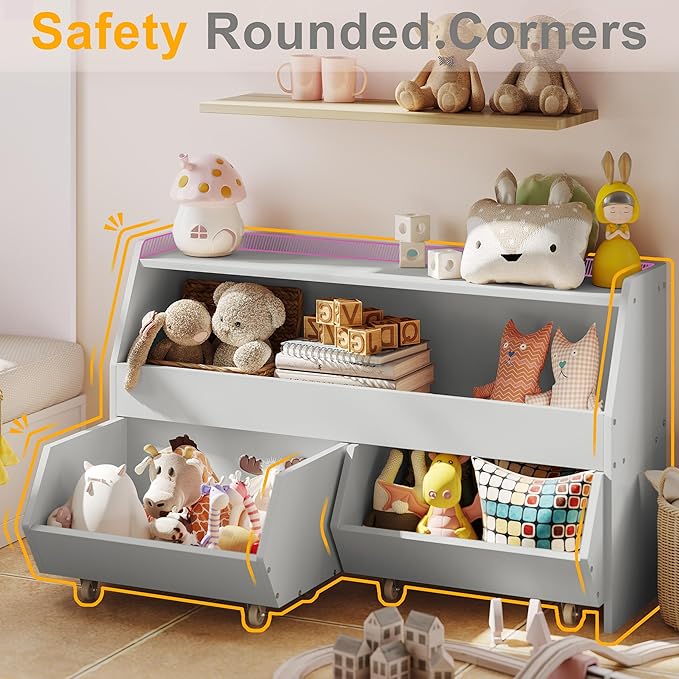 Toy Storage Organizer for Kids, Toy Storage Cabinet with Drawers, Boys and Girls Toy Shelf with Wheels, Toy Organizer Kids Bookshelf with Storage for Nursery, Playroom, Bedroom (Light Grey)