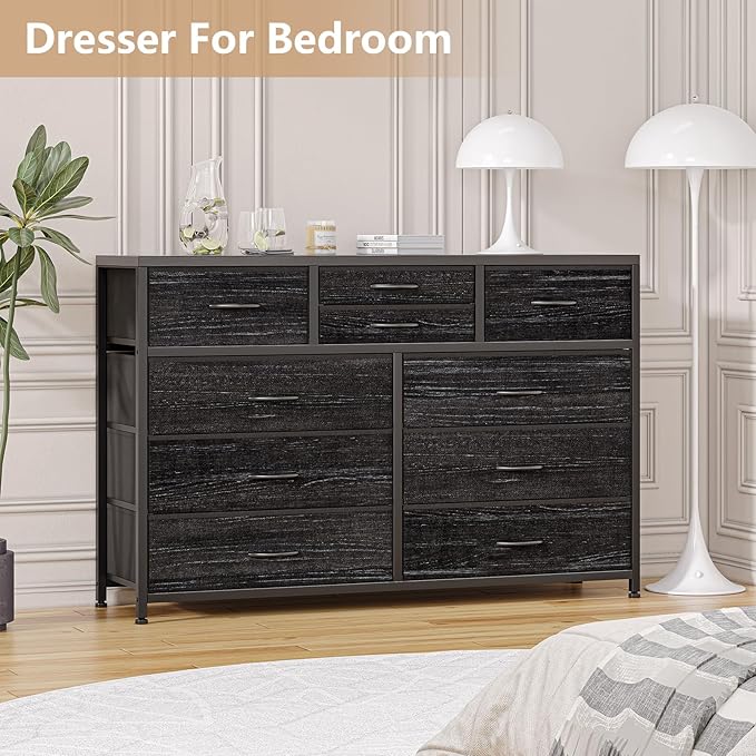 Jojoka Wide 10 Drawer Dresser,TV Stand Entertainment Center Fabric Storage Dressers Drawers for Bedroom, Hallway, Nursery, Closets, Steel Frame, Wood Top, Black Willow
