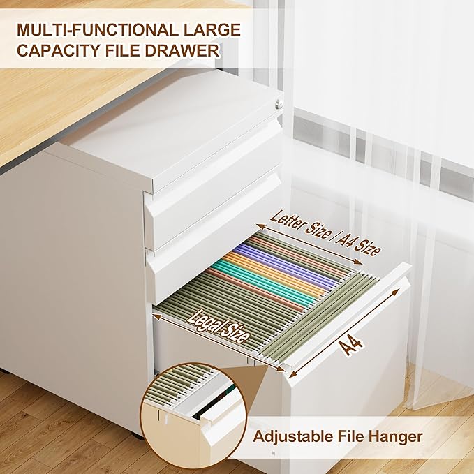 Metal Mobile File Cabinet with Lock and 4 Keys - Fully Assembled, Under Office Desk 3 Drawers Filing Cabinet for Home Office with Anti-tilt Wheels, A4/Legal/Letter Hanging File Drawers
