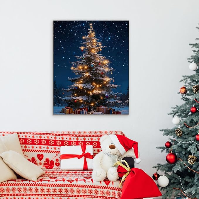 Framed Christmas Pictures Wall Decor,Vintage Pine Tree Prints,Winter Christmas Canvas Wall Art Decoration for Bedroom Bathroom Living Room Rustic Xmas Holiday Gifts (Christmas Tree 13, 20'' X 32'')