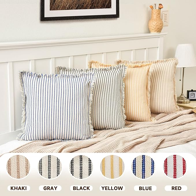 ZWJD Throw Pillow Covers 18x18 Set of 2 Striped Pillow Covers with Fringe Chic Cotton Decorative Pillows Square Cushion Covers for Sofa Couch Bed Living Room Farmhouse Decor