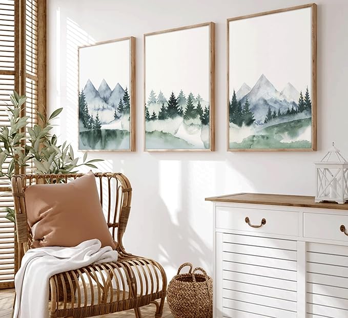 3Pcs Modern Mountains Canvas Wall Art Green Watercolor Misty Pine Forest Nature Minimalism Abstract Landscape Painting Picture Wall Decor Poster Print Artwork for Living Room Bedroom Office Unframed