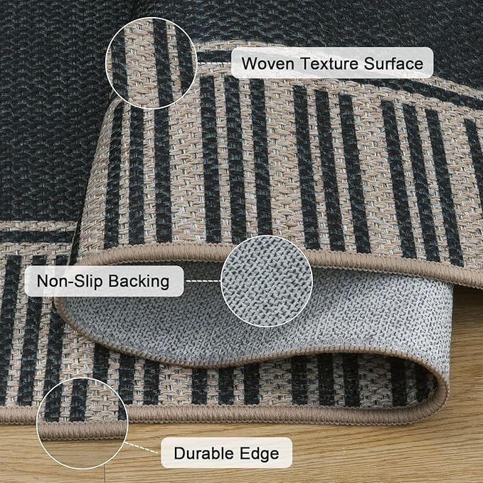 OJIA Easy Jute 5x7 Outdoor Rug, Washable Patio Rugs for Living Room Striped Border Indoor Outdoor Carpet Farmhouse Non-Slip Black Rug Geometric Area Rug for Porch Backyard Dining Room
