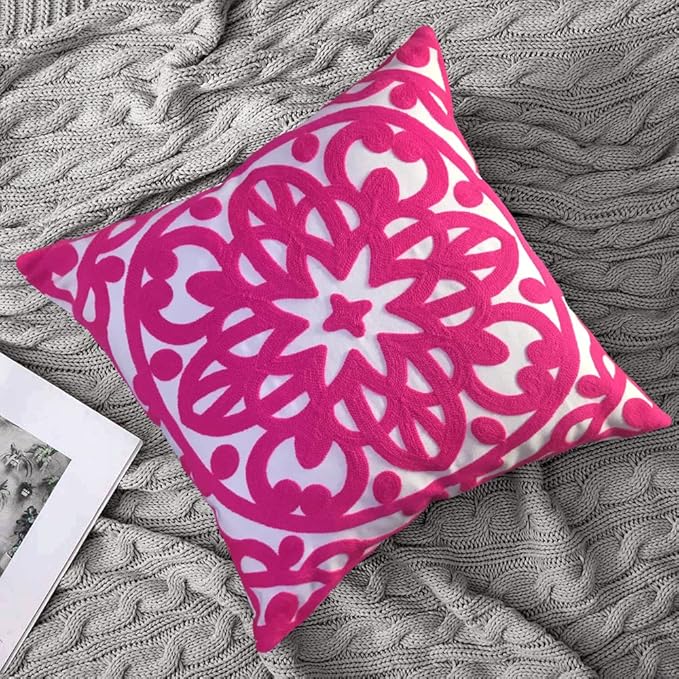 Alysheer Embroidered Decorative Throw Pillow Cover 18x18 inches, Classic Boho Mandala Knit Pattern, Farmhouse Cottage Cotton Canvas Cushion Case for Sofa Couch Bed Living Room Decor(Bright Hot Pink)