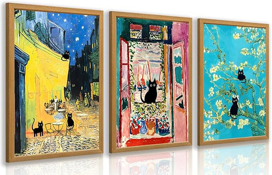 FASWQ Whimsical Black Cat Wall Art, Van Gogh Matisse Picasso Wall Decor, Funny Bathroom Canvas Paintings, Cute Animal Aesthetic Pictures for Living Room Kids' Room Wood Framed Ready to Hang 12"x16"x3