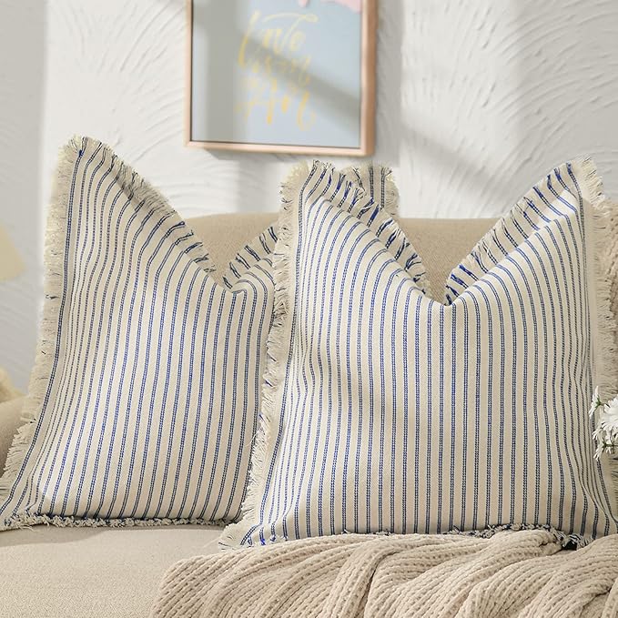 ZWJD Throw Pillow Covers 18x18 Set of 2 Striped Pillow Covers with Fringe Chic Cotton Decorative Pillows Square Cushion Covers for Sofa Couch Bed Living Room Farmhouse Decor