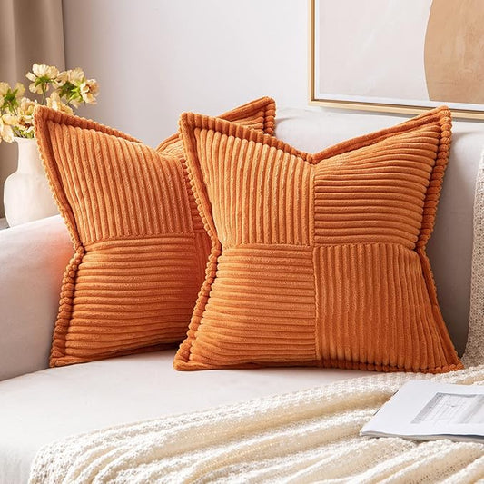 MIULEE Orange Fall Decorative Throw Pillow Covers for Couch Bed Livingroom 18x18 Inch Set of 2 Boho Accent Throw Pllows Broadside Striped Patchwork Soft Corduroy Pillowcases